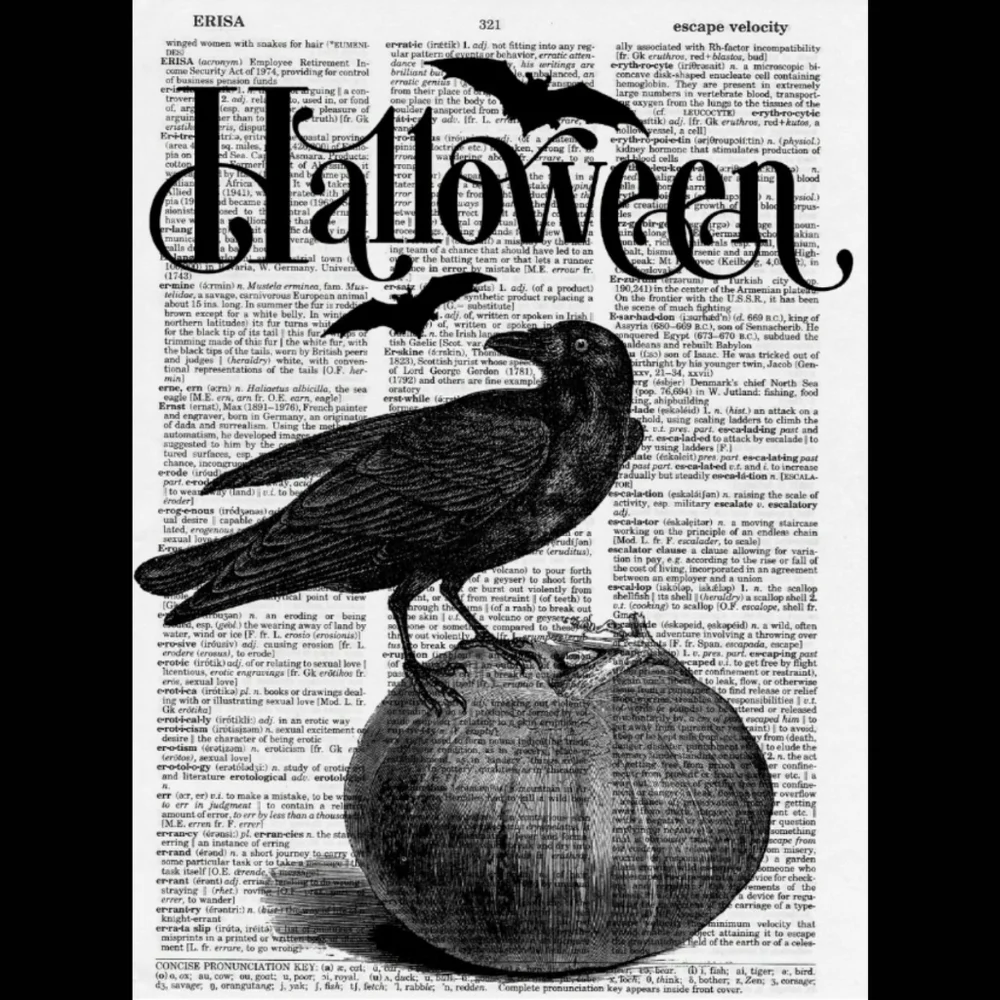 Halloween Raven Black White Dictionary Art Print